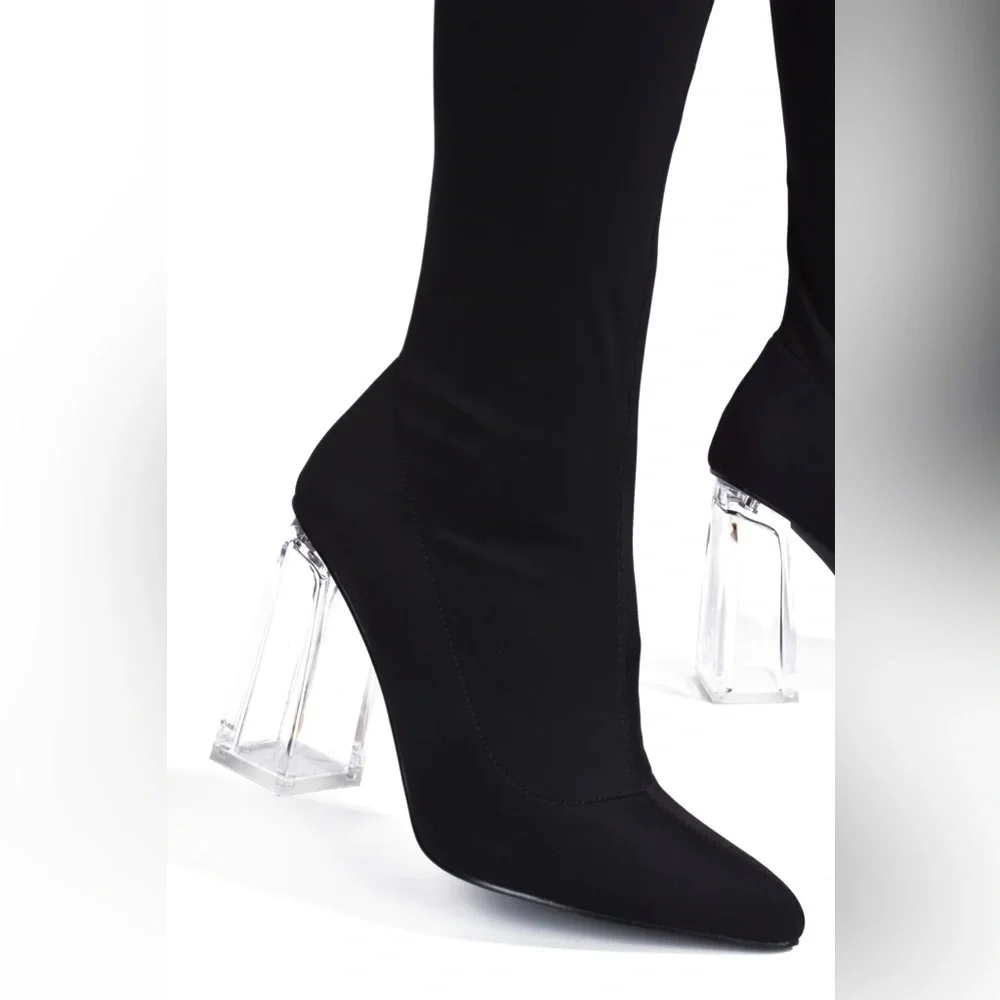 Black High Knee Clear Heeled Boot - Picture 4 of 6
